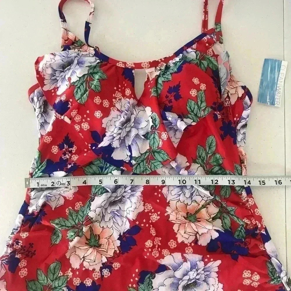 CLEANWATER Red Floral Ruffle Keyhole Tankini Swim Top - SZ Womens Medium - NWT - Picture 7 of 7